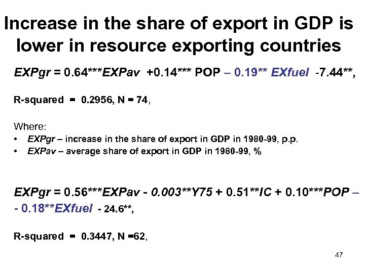 Increase in the share of export in GDP is lower in resource exporting countries