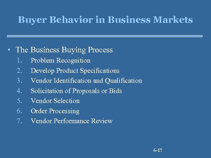 Buyer Behavior in Business Markets • The Business Buying Process 1. 2. 3. 4.