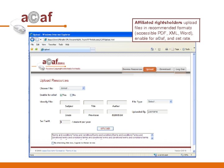 a af Affiliated rightsholders upload files in recommended formats (accessible PDF, XML, Word), enable