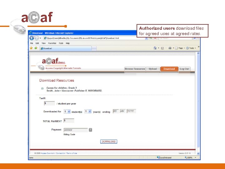 a af Authorized users download files for agreed uses at agreed rates. 