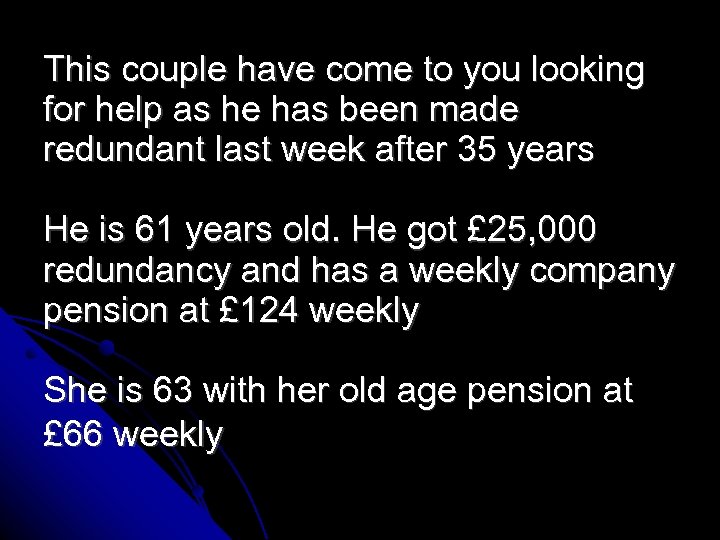 This couple have come to you looking for help as he has been made