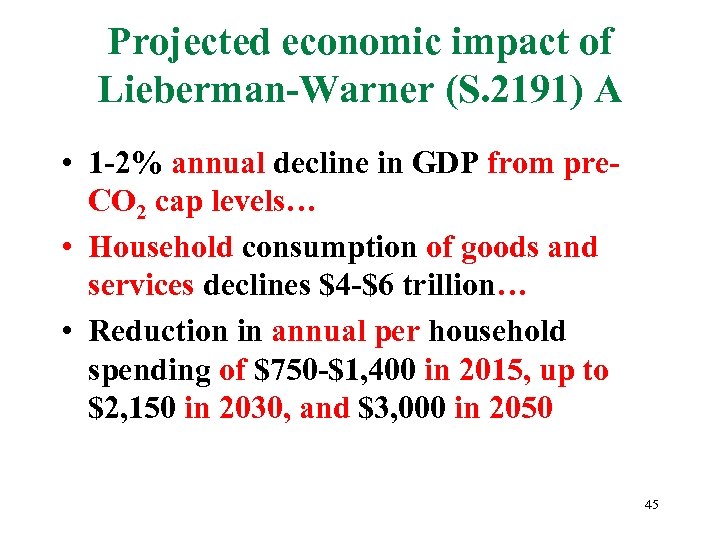 Projected economic impact of Lieberman-Warner (S. 2191) A • 1 -2% annual decline in