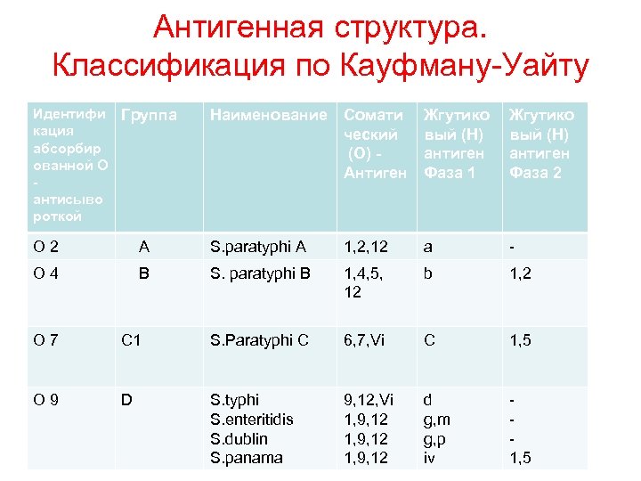 Антигенная структура. Классификация по Кауфману-Уайту Идентифи Группа кация абсорбир ованной О антисыво роткой Наименование