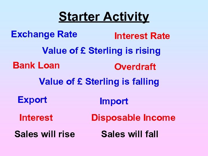 Starter Activity Exchange Rate Interest Rate Value of £ Sterling is rising Bank Loan