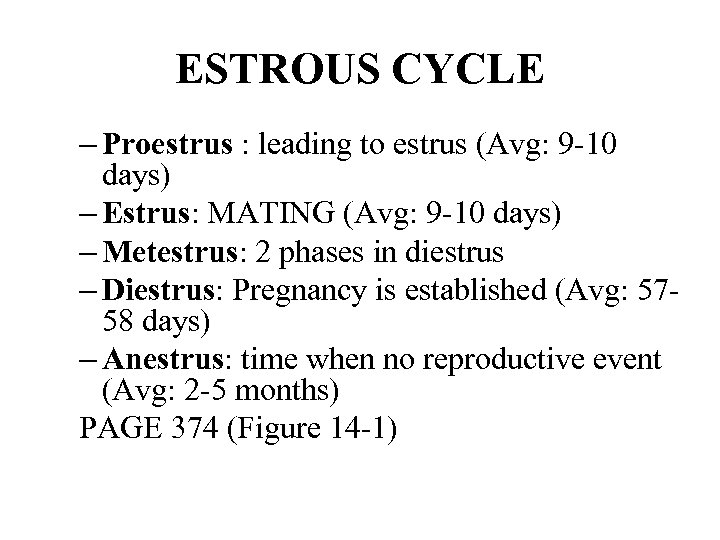 ESTROUS CYCLE – Proestrus : leading to estrus (Avg: 9 -10 days) – Estrus: