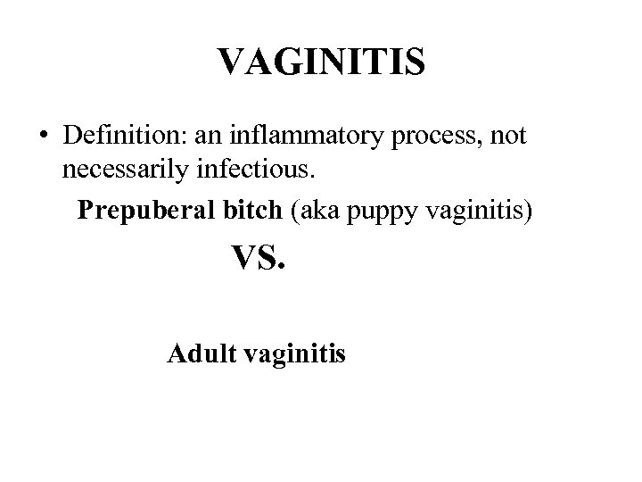 VAGINITIS • Definition: an inflammatory process, not necessarily infectious. Prepuberal bitch (aka puppy vaginitis)