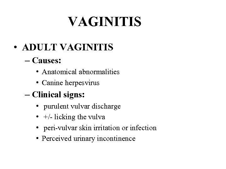 VAGINITIS • ADULT VAGINITIS – Causes: • Anatomical abnormalities • Canine herpesvirus – Clinical