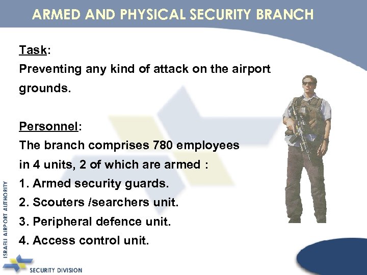 ARMED AND PHYSICAL SECURITY BRANCH Task: Preventing any kind of attack on the airport