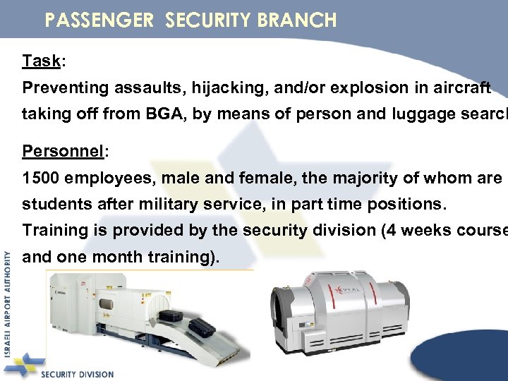 PASSENGER SECURITY BRANCH Task: Preventing assaults, hijacking, and/or explosion in aircraft taking off from
