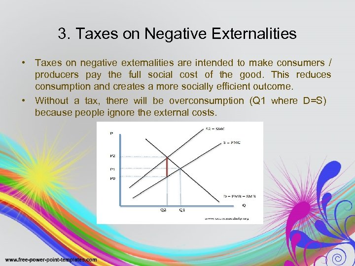 3. Taxes on Negative Externalities • Taxes on negative externalities are intended to make