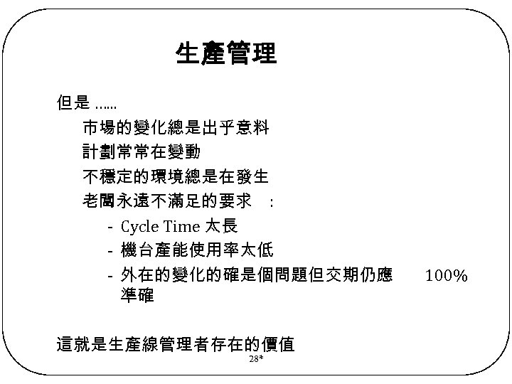 生產管理 但是 …. . . 市場的變化總是出乎意料 計劃常常在變動 不穩定的環境總是在發生 老闆永遠不滿足的要求 : - Cycle Time 太長
