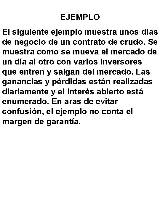 EJEMPLO El siguiente ejemplo muestra unos días de negocio de un contrato de crudo.