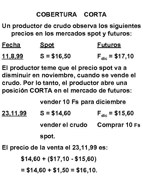 COBERTURA CORTA Un productor de crudo observa los siguientes precios en los mercados spot