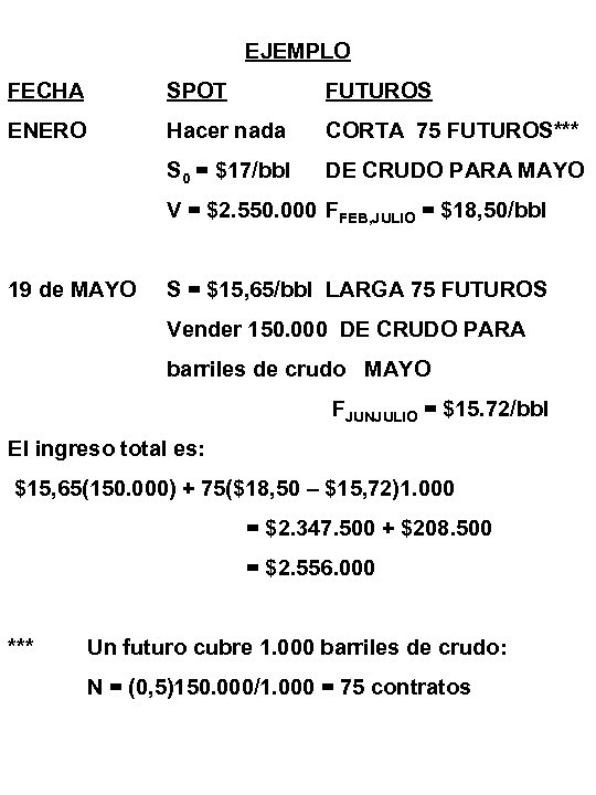 EJEMPLO FECHA SPOT FUTUROS ENERO Hacer nada CORTA 75 FUTUROS*** S 0 = $17/bbl