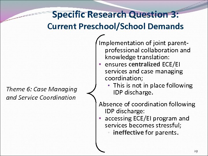 Specific Research Question 3: Current Preschool/School Demands Theme 6: Case Managing and Service Coordination