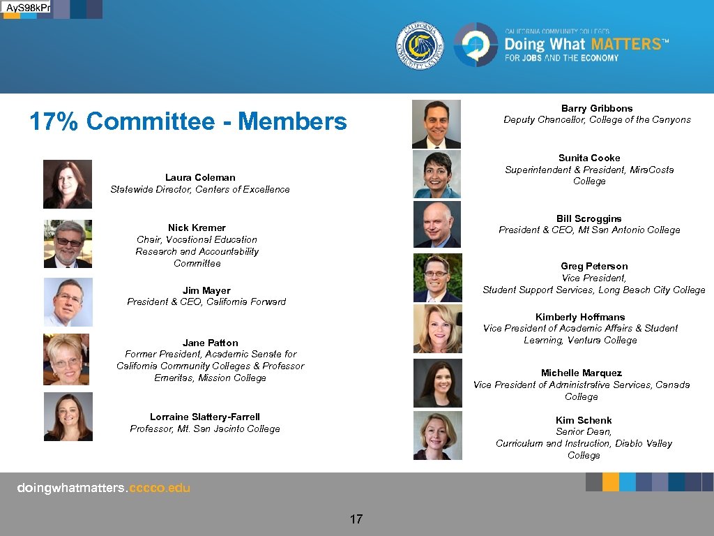 Barry Gribbons Deputy Chancellor, College of the Canyons 17% Committee - Members Sunita Cooke