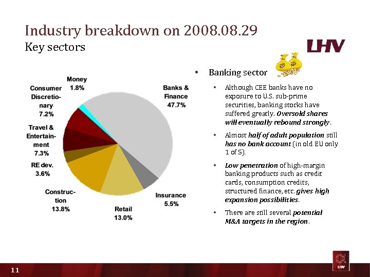 Industry breakdown on 2008. 29 Key sectors • Banking sector • • Almost half