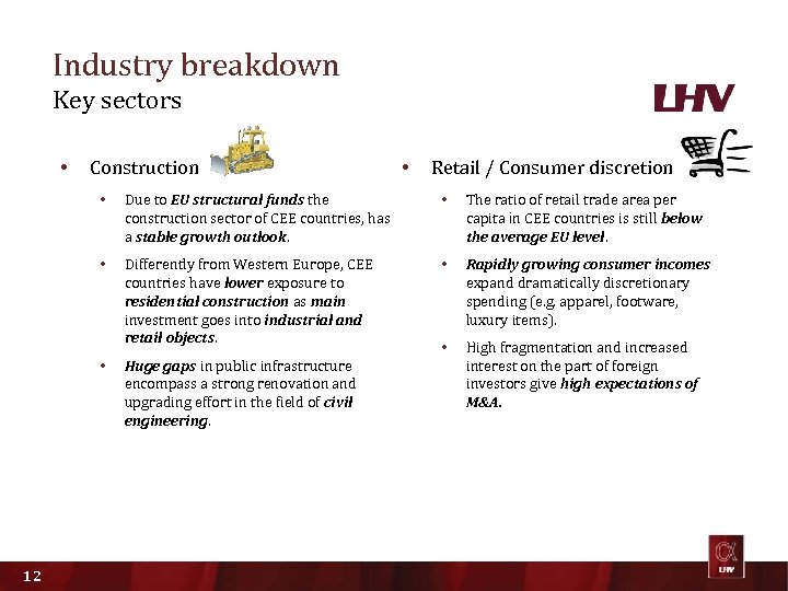 Industry breakdown Key sectors • Construction • Retail / Consumer discretion • Due to