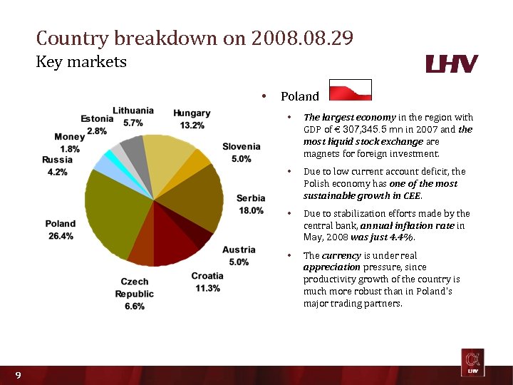 Country breakdown on 2008. 29 Key markets • Poland • • Due to low