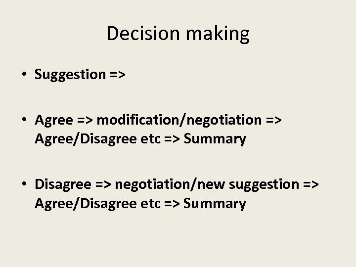 Decision making • Suggestion => • Agree => modification/negotiation => Agree/Disagree etc => Summary