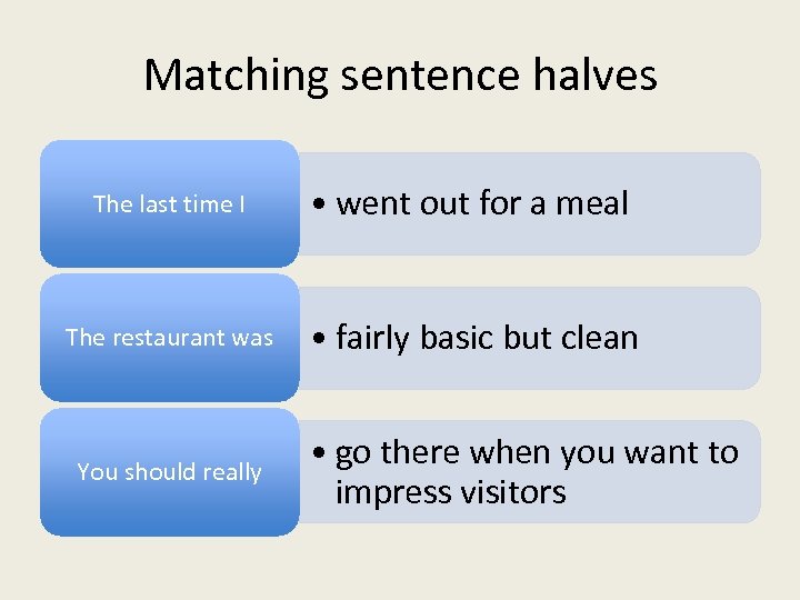 Matching sentence halves The last time I • went out for a meal The