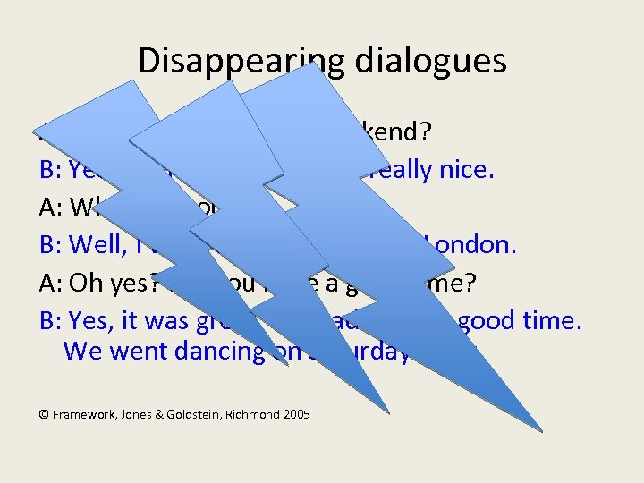 Disappearing dialogues A: Did you have a good weekend? B: Yeah, I did, thanks.