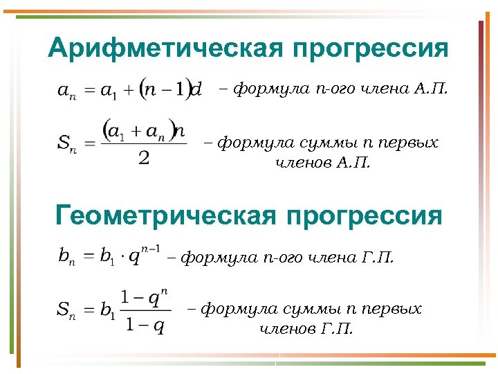 Алгебраическая сумма n. Формула нахождения арифметической прогрессии. Формула убывающей арифметической прогрессии. Формула для вычисления n-ОГО элемента арифметической прогрессии:. Формула нахождения алгебраической прогрессии.
