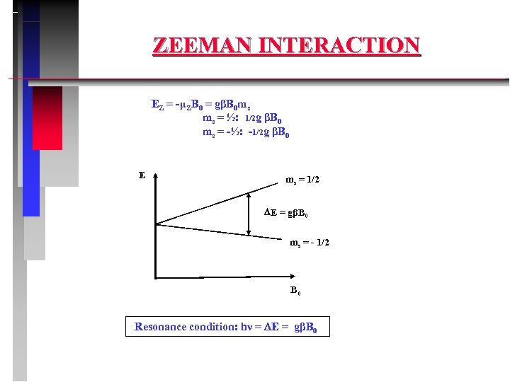 ZEEMAN INTERACTION EZ = -µZB 0 = gβB 0 ms ms = ½: 1/2