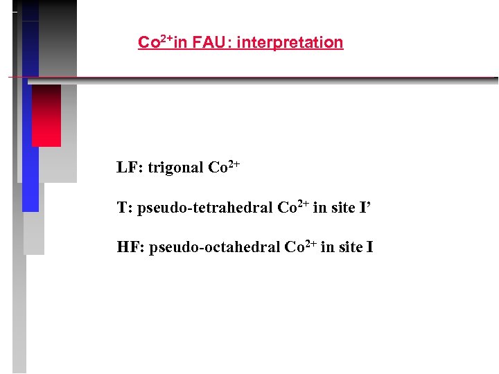 Co 2+in FAU: interpretation LF: trigonal Co 2+ T: pseudo-tetrahedral Co 2+ in site