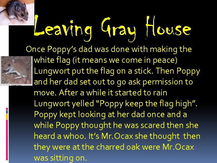 Leaving Gray House Once Poppy’s dad was done with making the white flag (it