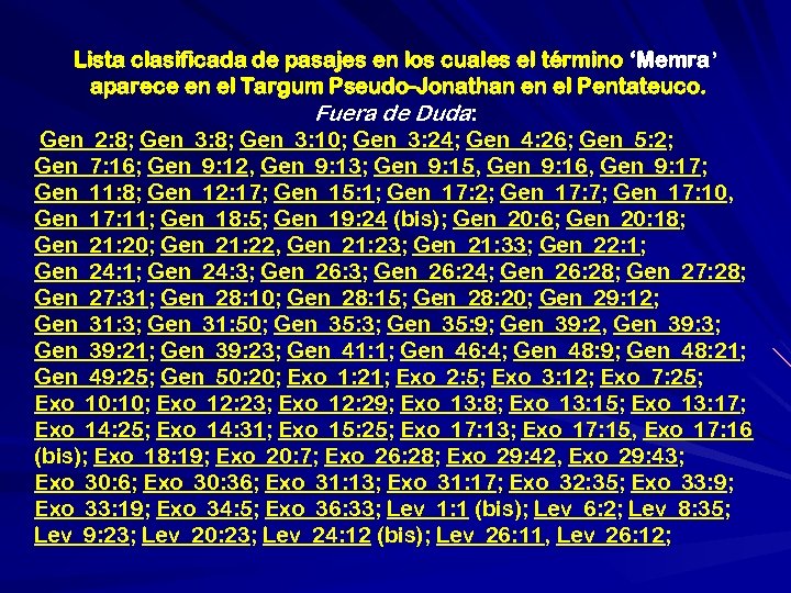 Lista clasificada de pasajes en los cuales el término ‘Memra’ aparece en el Targum