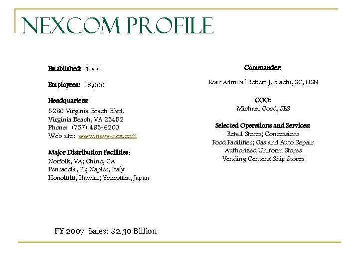 NEXCOM Profile Established: 1946 Commander: Employees: 15, 000 Rear Admiral Robert J. Biachi, SC,