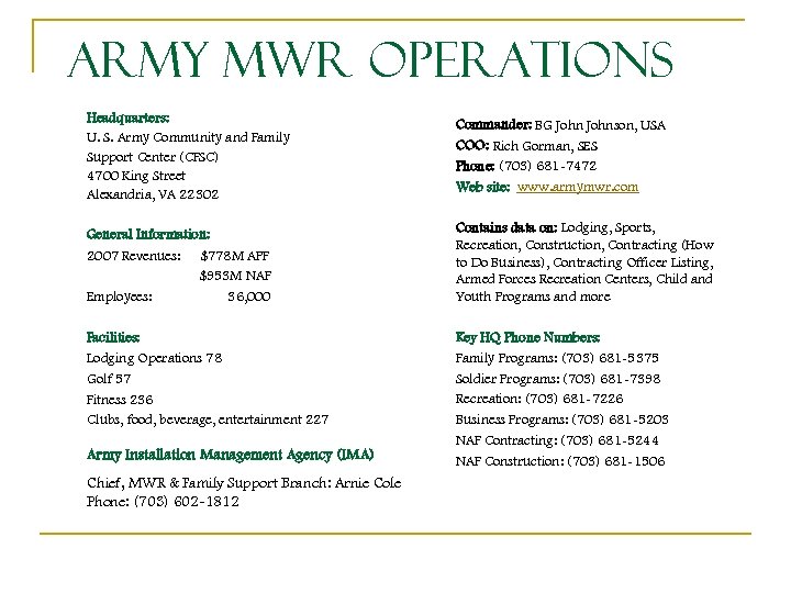 Army MWR Operations Headquarters: U. S. Army Community and Family Support Center (CFSC) 4700