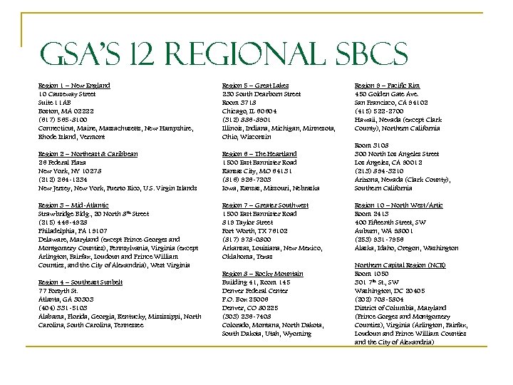 GSA’s 12 Regional SBCs Region 1 – New England 10 Causeway Street Suite 11