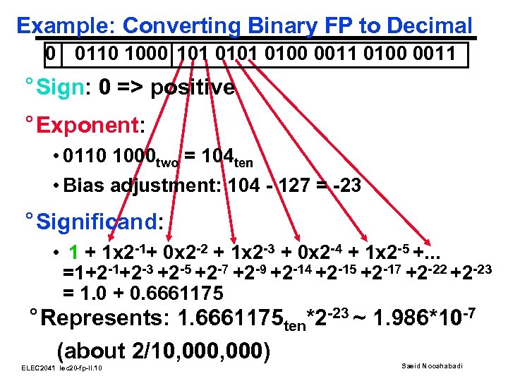 Example: Converting Binary FP to Decimal 0 0110 1000 101 0100 0011 ° Sign: