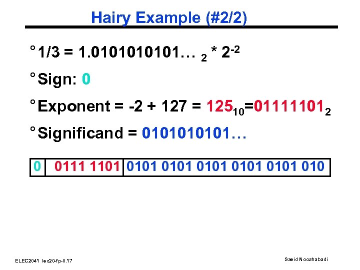 Hairy Example (#2/2) ° 1/3 = 1. 010101… 2 * 2 -2 ° Sign:
