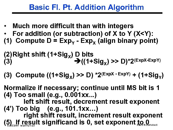 Basic Fl. Pt. Addition Algorithm • Much more difficult than with integers • For