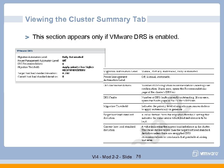 Viewing the Cluster Summary Tab This section appears only if VMware DRS is enabled.