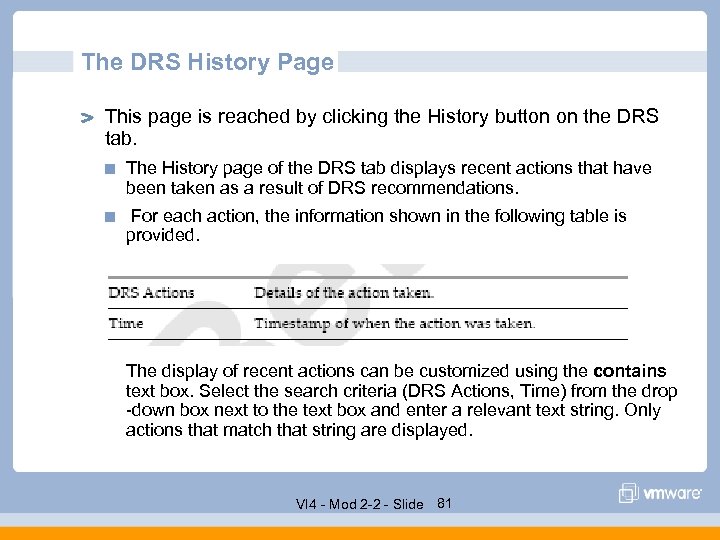 The DRS History Page This page is reached by clicking the History button on