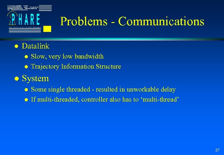 Problems - Communications l Datalink l l l Slow, very low bandwidth Trajectory Information