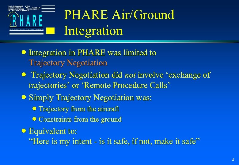 PHARE Air/Ground Integration n Integration in PHARE was limited to Trajectory Negotiation n Trajectory