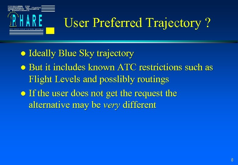 User Preferred Trajectory ? Ideally Blue Sky trajectory l But it includes known ATC