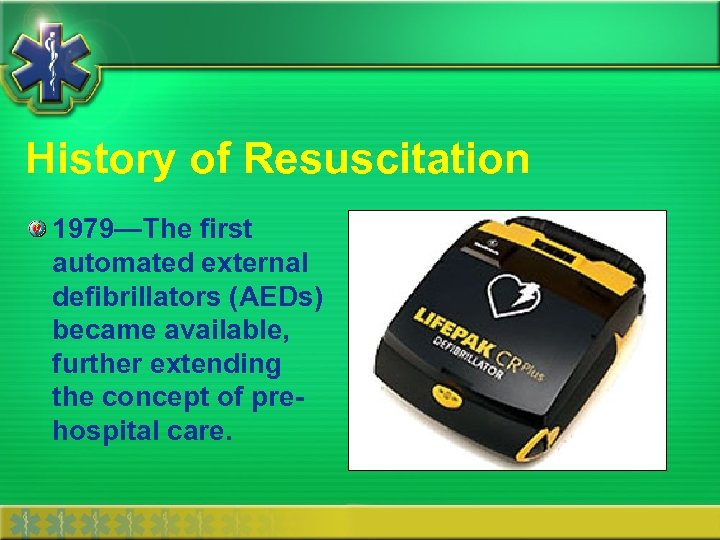 History of Resuscitation 1979—The first automated external defibrillators (AEDs) became available, further extending the