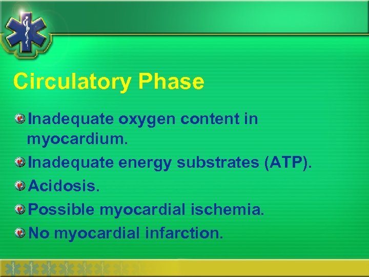 Circulatory Phase Inadequate oxygen content in myocardium. Inadequate energy substrates (ATP). Acidosis. Possible myocardial