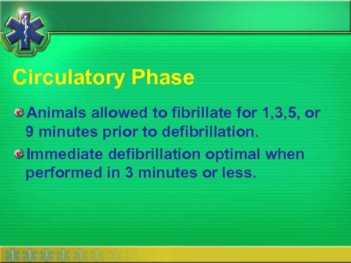 Circulatory Phase Animals allowed to fibrillate for 1, 3, 5, or 9 minutes prior