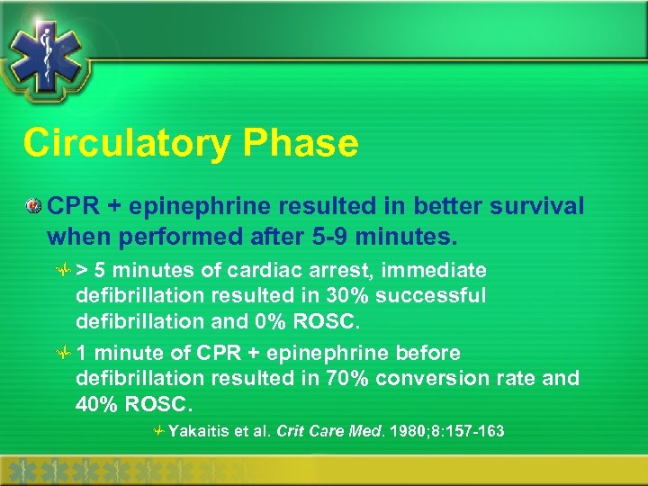 Circulatory Phase CPR + epinephrine resulted in better survival when performed after 5 -9