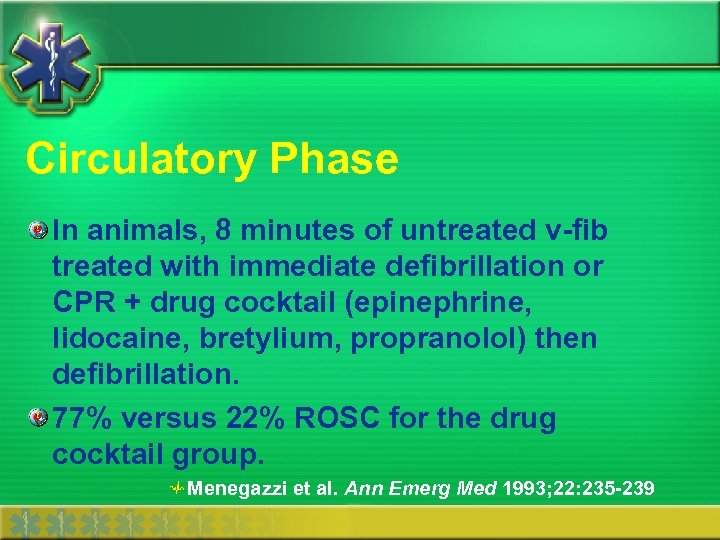 Circulatory Phase In animals, 8 minutes of untreated v-fib treated with immediate defibrillation or