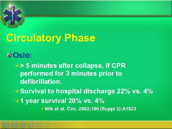 Circulatory Phase Oslo: > 5 minutes after collapse, if CPR performed for 3 minutes