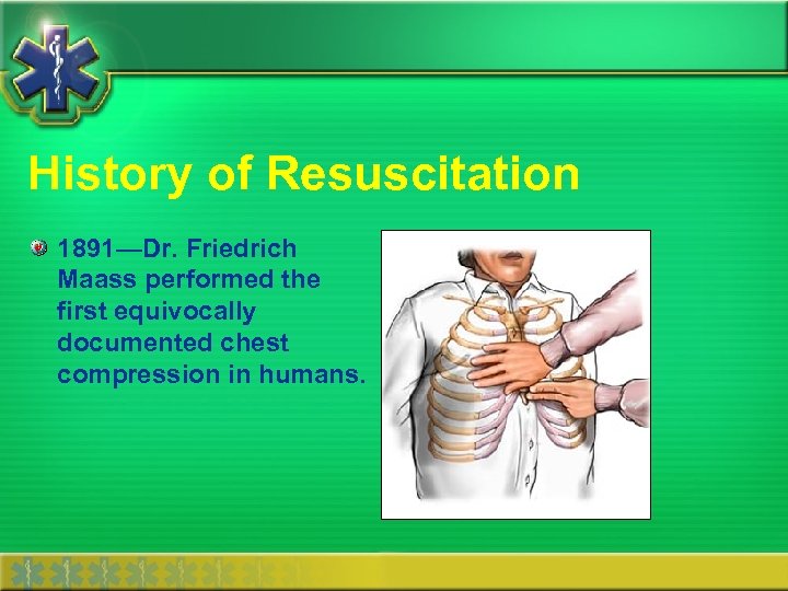 History of Resuscitation 1891—Dr. Friedrich Maass performed the first equivocally documented chest compression in