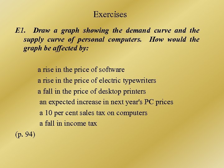 Exercises E 1. Draw a graph showing the demand curve and the supply curve